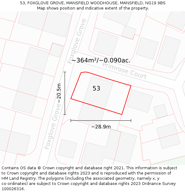 53, FOXGLOVE GROVE, MANSFIELD WOODHOUSE, MANSFIELD, NG19 9BS: Plot and title map