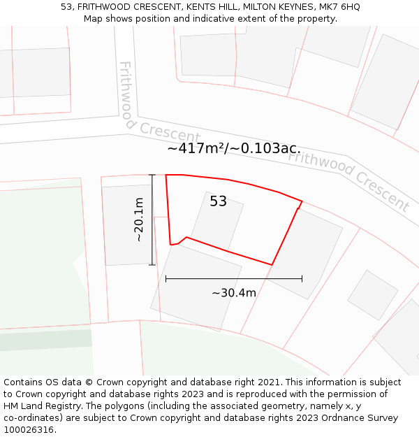 53, FRITHWOOD CRESCENT, KENTS HILL, MILTON KEYNES, MK7 6HQ: Plot and title map