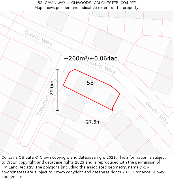 53, GAVIN WAY, HIGHWOODS, COLCHESTER, CO4 9FF: Plot and title map