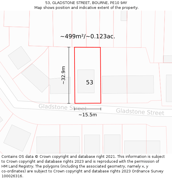 53, GLADSTONE STREET, BOURNE, PE10 9AY: Plot and title map