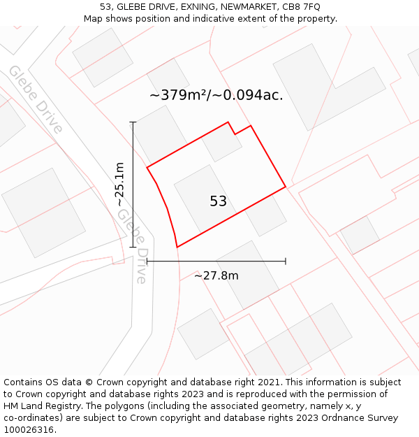 53, GLEBE DRIVE, EXNING, NEWMARKET, CB8 7FQ: Plot and title map