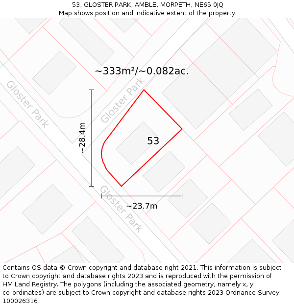 53, GLOSTER PARK, AMBLE, MORPETH, NE65 0JQ: Plot and title map