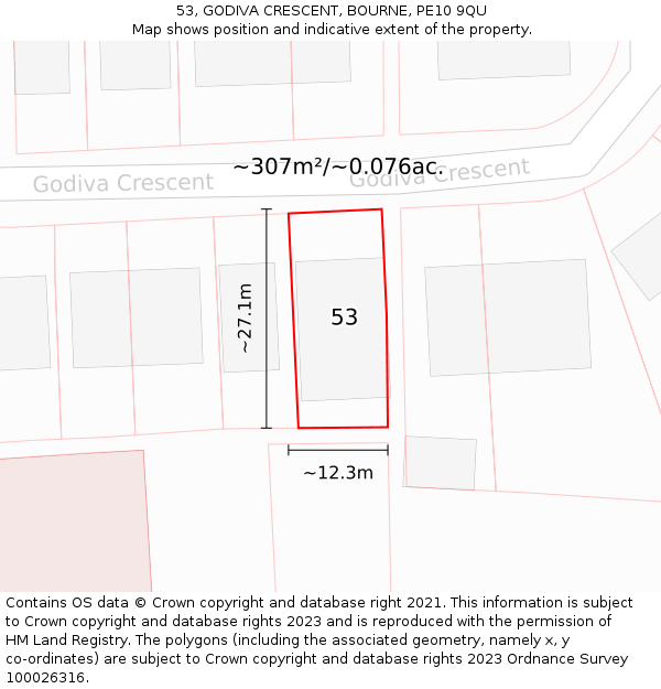 53, GODIVA CRESCENT, BOURNE, PE10 9QU: Plot and title map