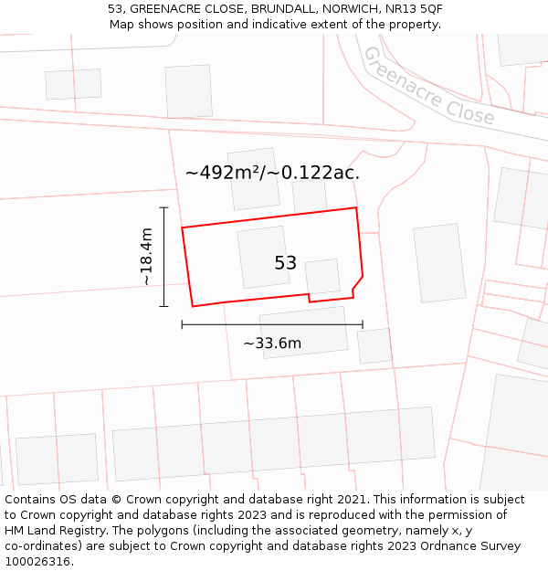 53, GREENACRE CLOSE, BRUNDALL, NORWICH, NR13 5QF: Plot and title map