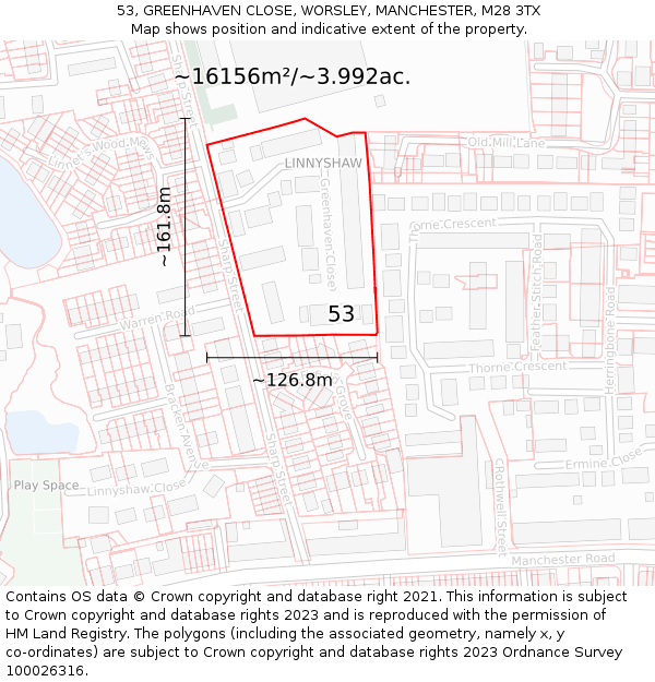 53, GREENHAVEN CLOSE, WORSLEY, MANCHESTER, M28 3TX: Plot and title map