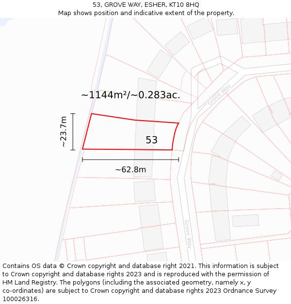 53, GROVE WAY, ESHER, KT10 8HQ: Plot and title map