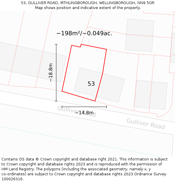 53, GULLIVER ROAD, IRTHLINGBOROUGH, WELLINGBOROUGH, NN9 5GR: Plot and title map