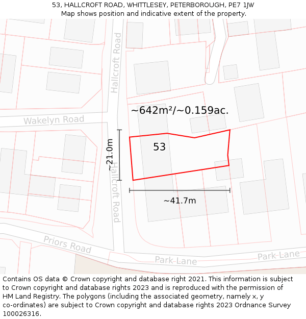 53, HALLCROFT ROAD, WHITTLESEY, PETERBOROUGH, PE7 1JW: Plot and title map