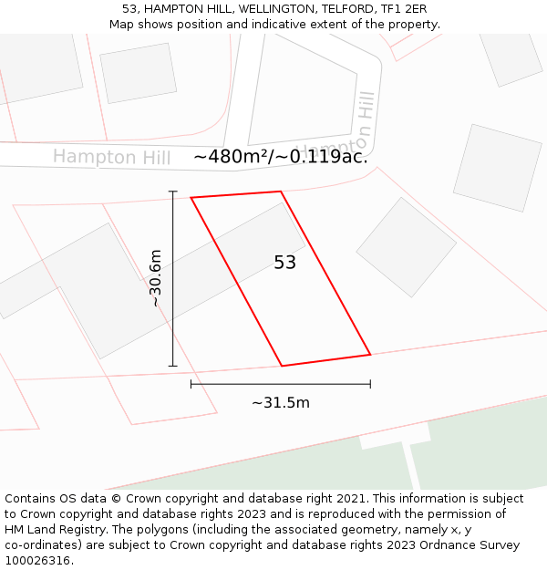 53, HAMPTON HILL, WELLINGTON, TELFORD, TF1 2ER: Plot and title map