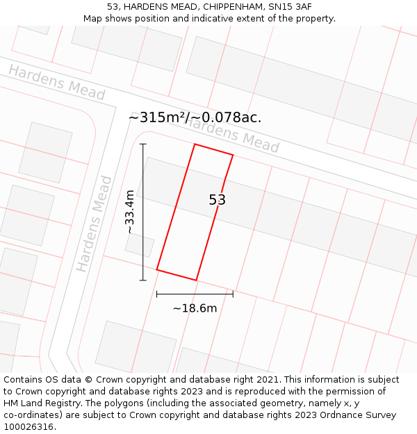 53, HARDENS MEAD, CHIPPENHAM, SN15 3AF: Plot and title map