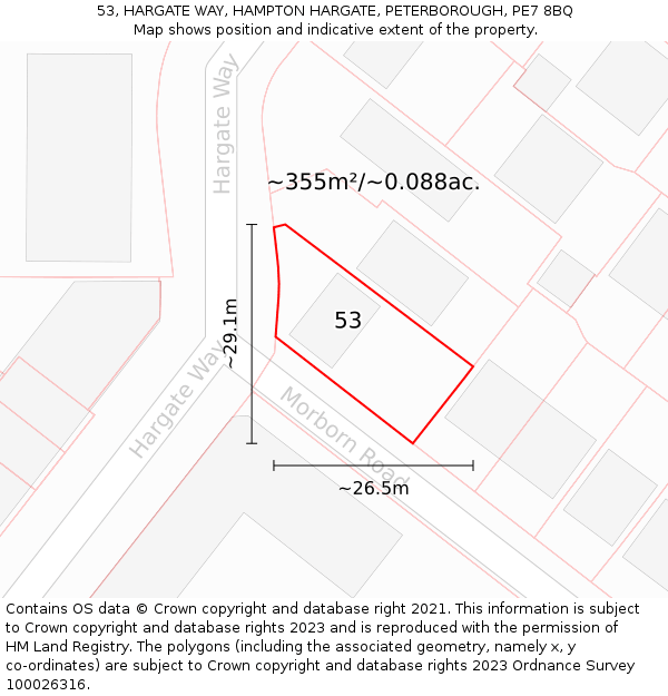 53, HARGATE WAY, HAMPTON HARGATE, PETERBOROUGH, PE7 8BQ: Plot and title map