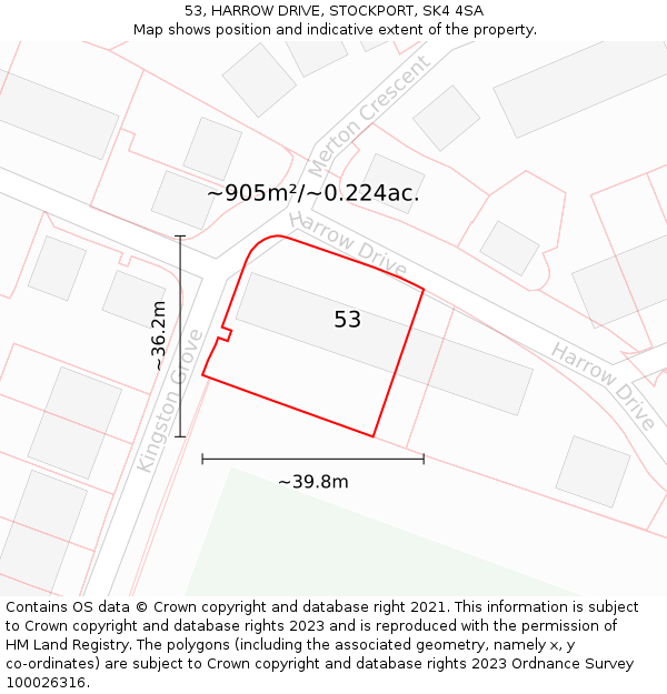 53, HARROW DRIVE, STOCKPORT, SK4 4SA: Plot and title map