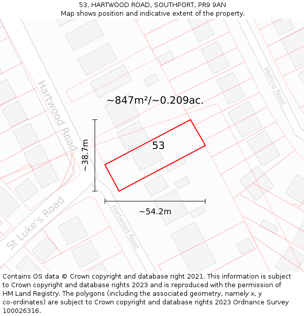 53, HARTWOOD ROAD, SOUTHPORT, PR9 9AN: Plot and title map