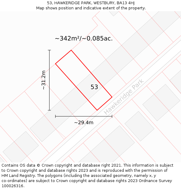 53, HAWKERIDGE PARK, WESTBURY, BA13 4HJ: Plot and title map