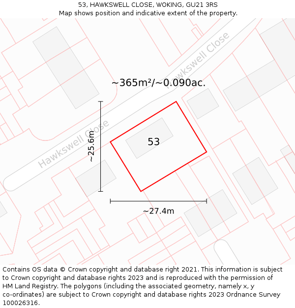 53, HAWKSWELL CLOSE, WOKING, GU21 3RS: Plot and title map