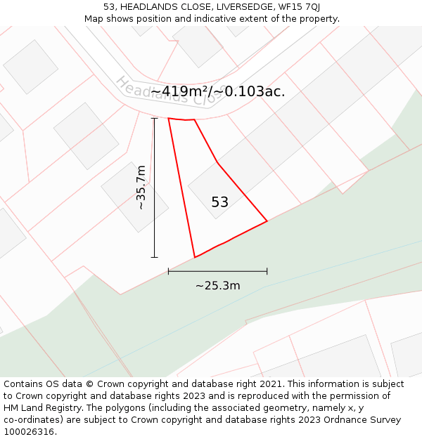 53, HEADLANDS CLOSE, LIVERSEDGE, WF15 7QJ: Plot and title map