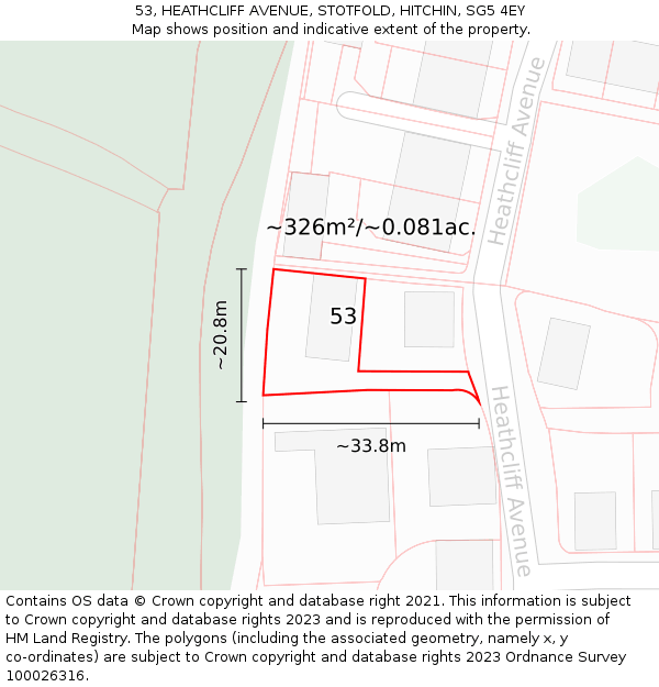 53, HEATHCLIFF AVENUE, STOTFOLD, HITCHIN, SG5 4EY: Plot and title map