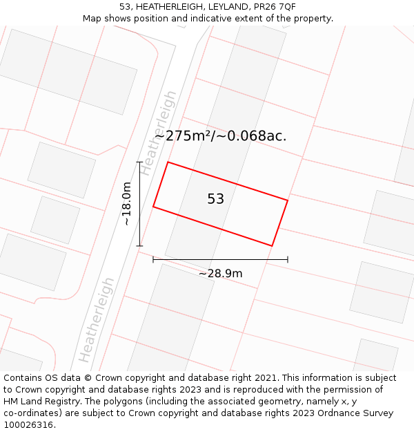 53, HEATHERLEIGH, LEYLAND, PR26 7QF: Plot and title map