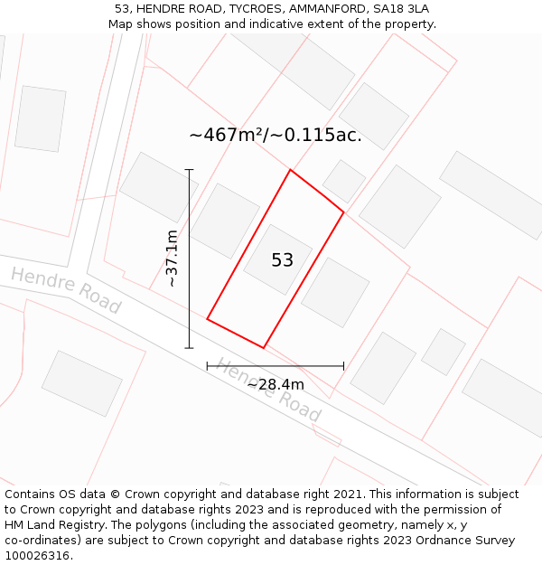 53, HENDRE ROAD, TYCROES, AMMANFORD, SA18 3LA: Plot and title map