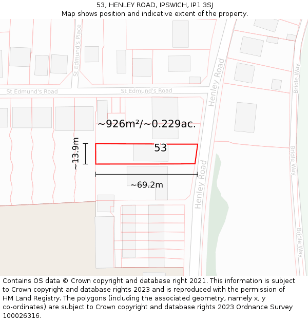 53, HENLEY ROAD, IPSWICH, IP1 3SJ: Plot and title map