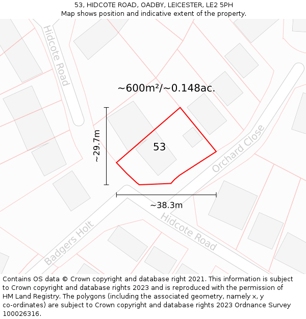 53, HIDCOTE ROAD, OADBY, LEICESTER, LE2 5PH: Plot and title map