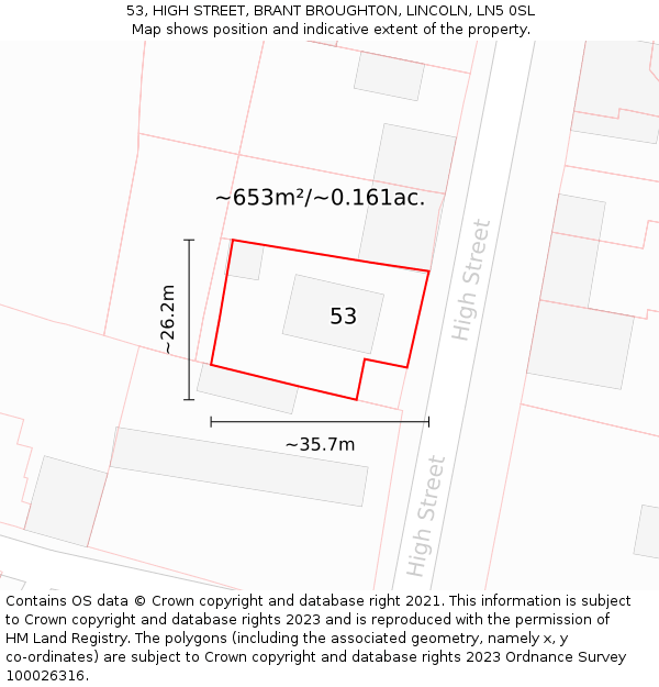 53, HIGH STREET, BRANT BROUGHTON, LINCOLN, LN5 0SL: Plot and title map