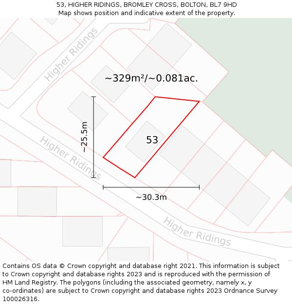 53, HIGHER RIDINGS, BROMLEY CROSS, BOLTON, BL7 9HD: Plot and title map