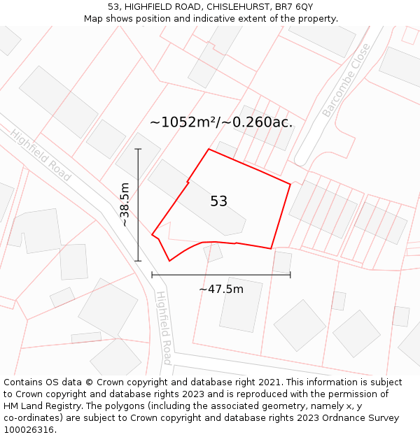 53, HIGHFIELD ROAD, CHISLEHURST, BR7 6QY: Plot and title map