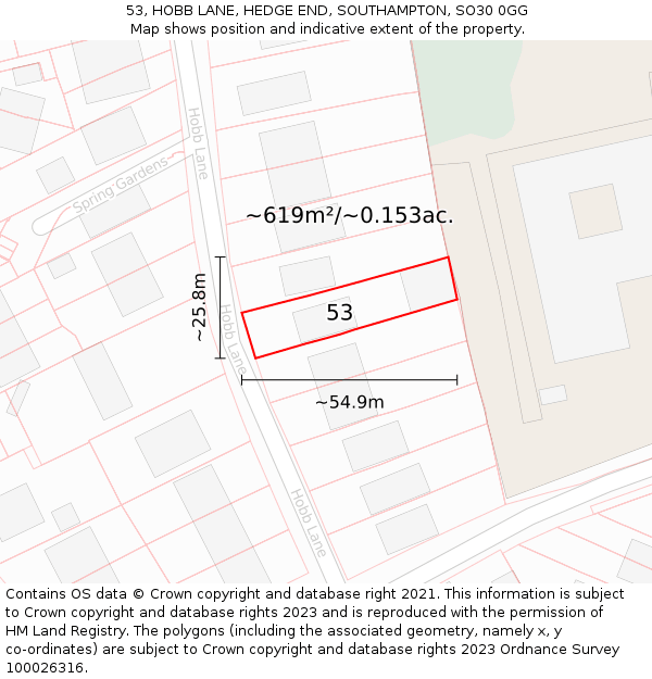 53, HOBB LANE, HEDGE END, SOUTHAMPTON, SO30 0GG: Plot and title map