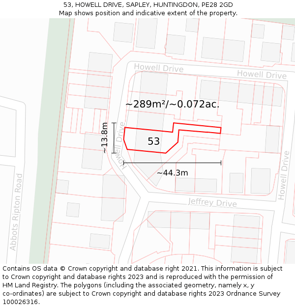 53, HOWELL DRIVE, SAPLEY, HUNTINGDON, PE28 2GD: Plot and title map