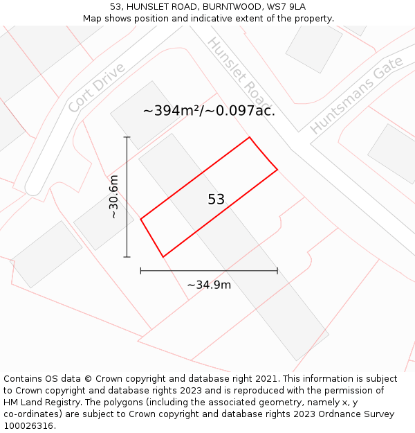 53, HUNSLET ROAD, BURNTWOOD, WS7 9LA: Plot and title map