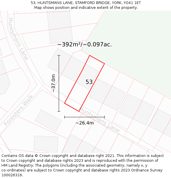 53, HUNTSMANS LANE, STAMFORD BRIDGE, YORK, YO41 1ET: Plot and title map