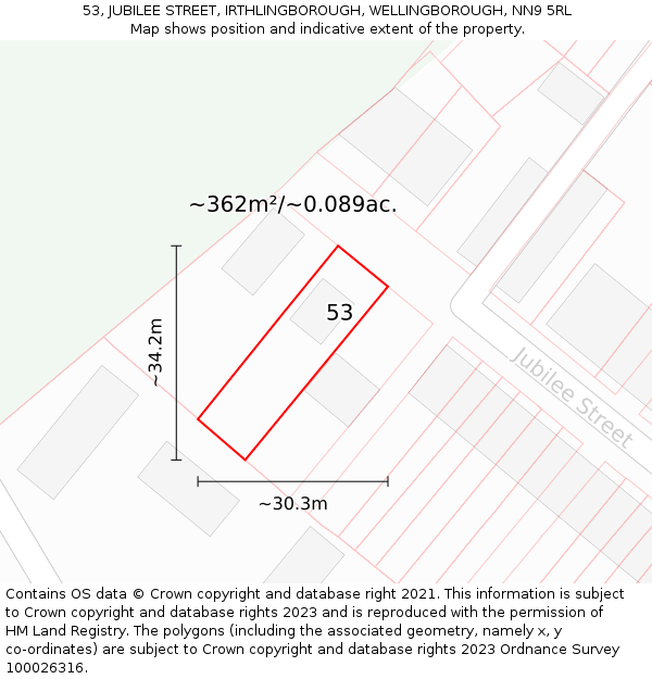 53, JUBILEE STREET, IRTHLINGBOROUGH, WELLINGBOROUGH, NN9 5RL: Plot and title map