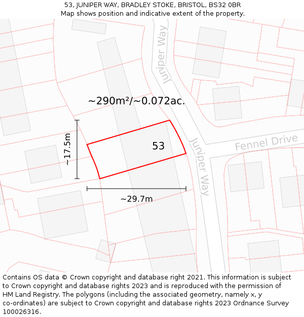 53, JUNIPER WAY, BRADLEY STOKE, BRISTOL, BS32 0BR: Plot and title map