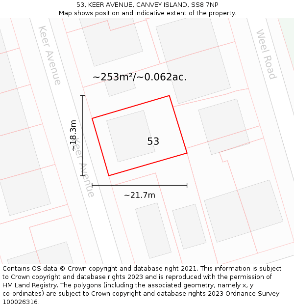 53, KEER AVENUE, CANVEY ISLAND, SS8 7NP: Plot and title map