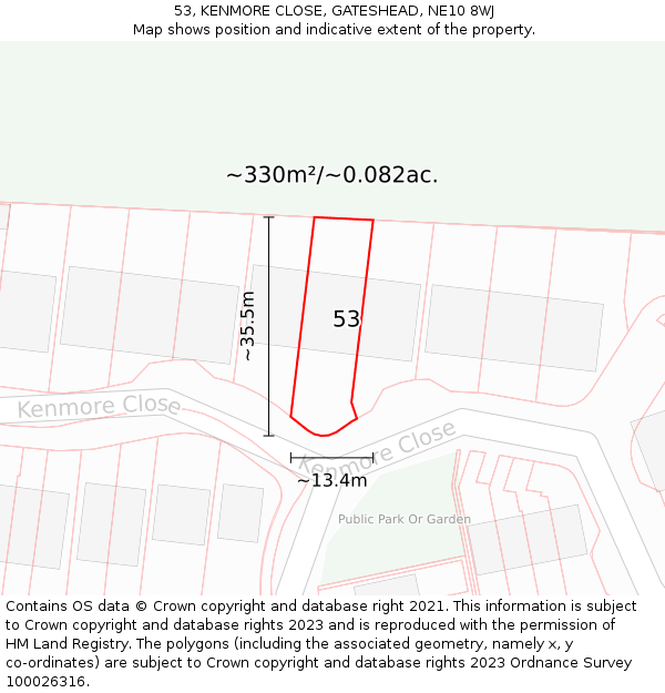 53, KENMORE CLOSE, GATESHEAD, NE10 8WJ: Plot and title map