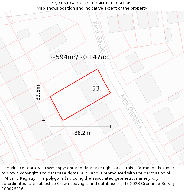 53, KENT GARDENS, BRAINTREE, CM7 9NE: Plot and title map