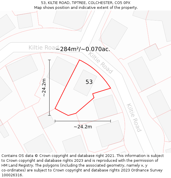 53, KILTIE ROAD, TIPTREE, COLCHESTER, CO5 0PX: Plot and title map