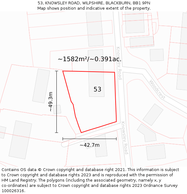 53, KNOWSLEY ROAD, WILPSHIRE, BLACKBURN, BB1 9PN: Plot and title map