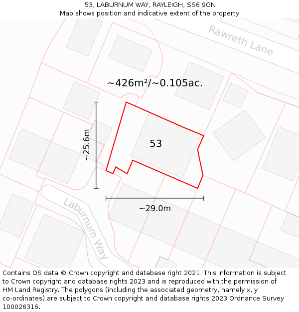 53, LABURNUM WAY, RAYLEIGH, SS6 9GN: Plot and title map