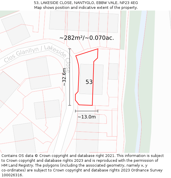 53, LAKESIDE CLOSE, NANTYGLO, EBBW VALE, NP23 4EG: Plot and title map