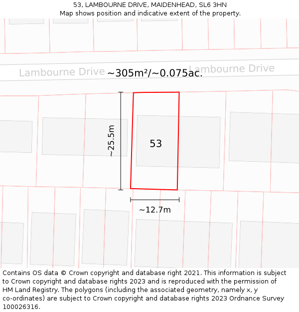 53, LAMBOURNE DRIVE, MAIDENHEAD, SL6 3HN: Plot and title map