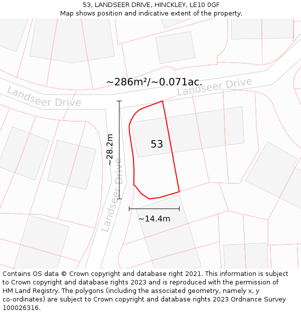 53, LANDSEER DRIVE, HINCKLEY, LE10 0GF: Plot and title map