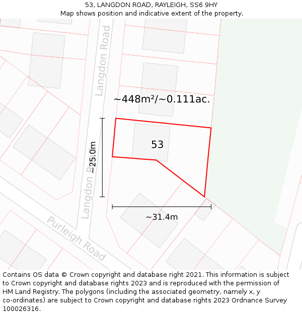 53, LANGDON ROAD, RAYLEIGH, SS6 9HY: Plot and title map