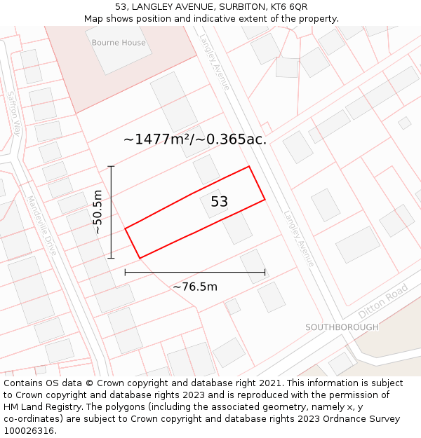 53, LANGLEY AVENUE, SURBITON, KT6 6QR: Plot and title map