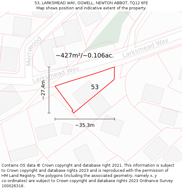 53, LARKSMEAD WAY, OGWELL, NEWTON ABBOT, TQ12 6FE: Plot and title map