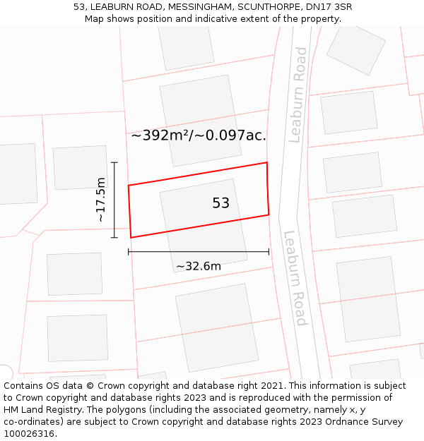 53, LEABURN ROAD, MESSINGHAM, SCUNTHORPE, DN17 3SR: Plot and title map