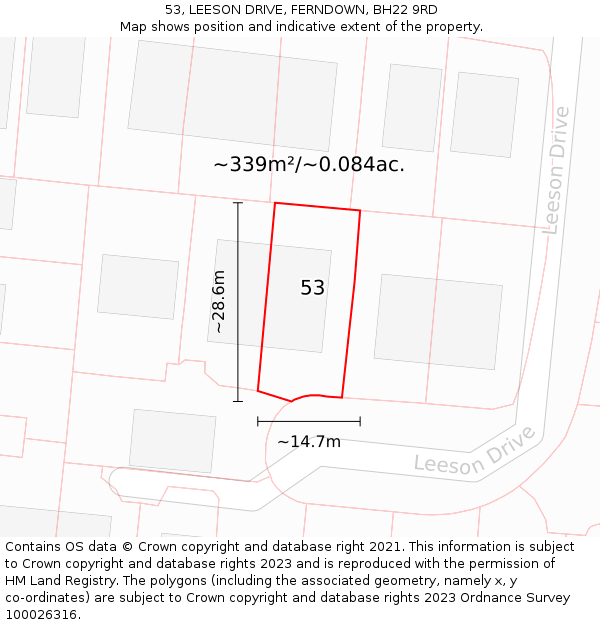 53, LEESON DRIVE, FERNDOWN, BH22 9RD: Plot and title map