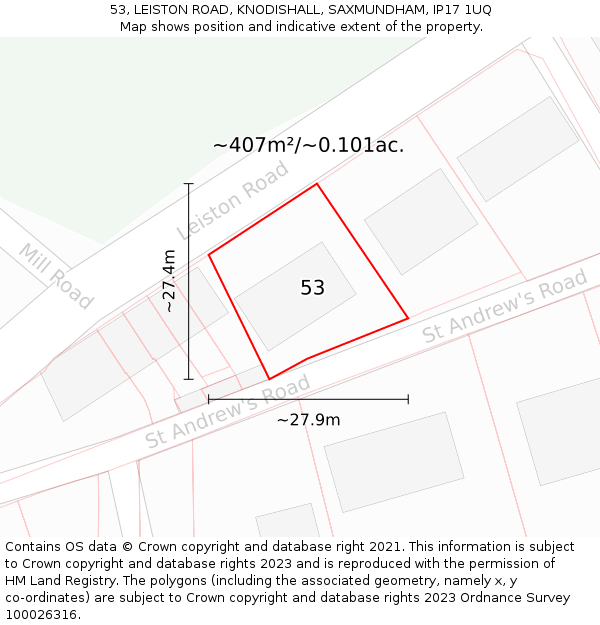 53, LEISTON ROAD, KNODISHALL, SAXMUNDHAM, IP17 1UQ: Plot and title map