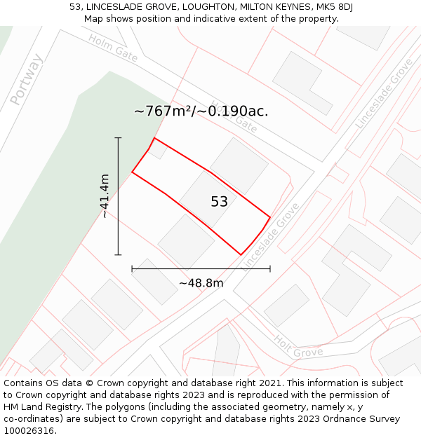 53, LINCESLADE GROVE, LOUGHTON, MILTON KEYNES, MK5 8DJ: Plot and title map